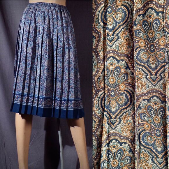 Vintage 80s Skirt 1980s Paisley Blue Pleated Boho Midi Retro Size Large - Picture 1 of 5